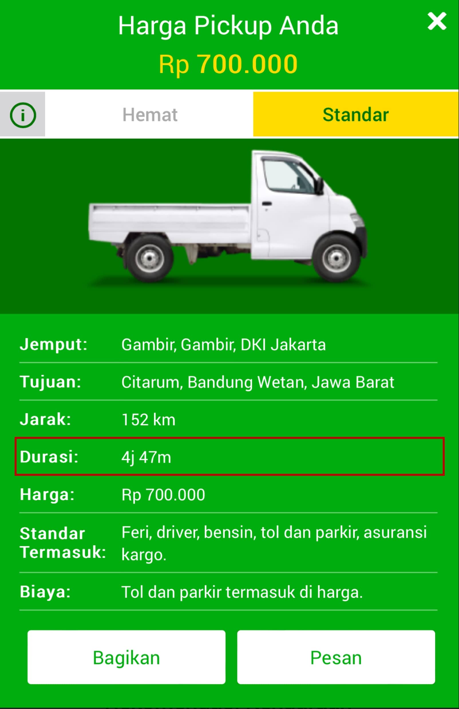 Gambar kalkulator harga pengiriman dengan pickup dari Gambir, Jakarta ke Citarum, Bandung seharga Rp 700.000, mencakup detail jarak dan durasi perjalanan.
