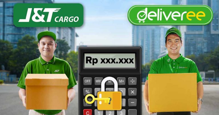 Dua kurir berpakaian hijau dari "J&T Cargo" dan "Deliveree" memegang paket dengan latar belakang kota; di tengah ada kalkulator cek ongkir J&T Cargo dan Deliveree serta simbol gembok.