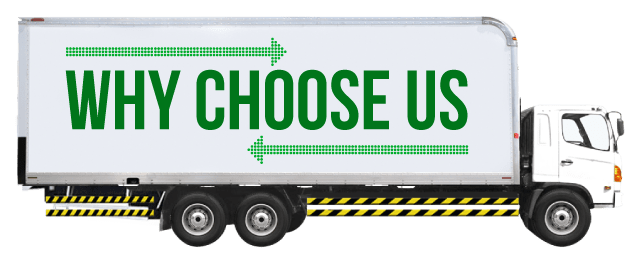 White tronton truck with text 'why choose us' on its cargo box