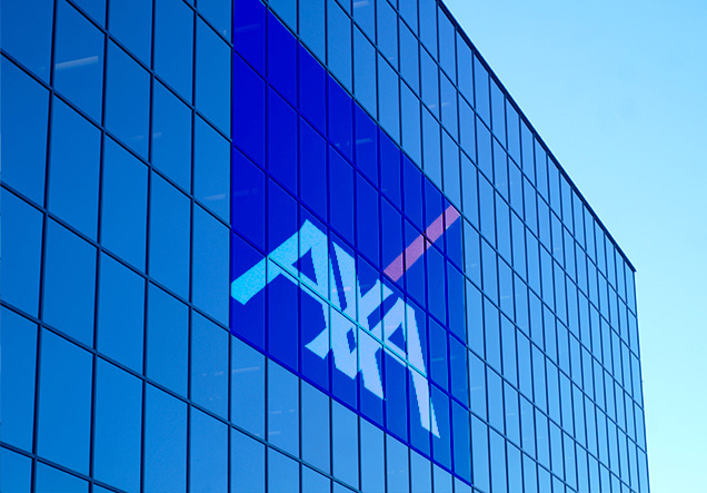 A blue building with AXA symbol engraved in its windows