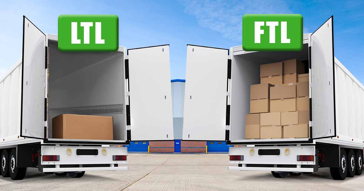 Ilustrasi 2 truk dengan 2 jenis muatan yang berbeda, LTL di sebelah kiri dan FTL di sebelah kanan