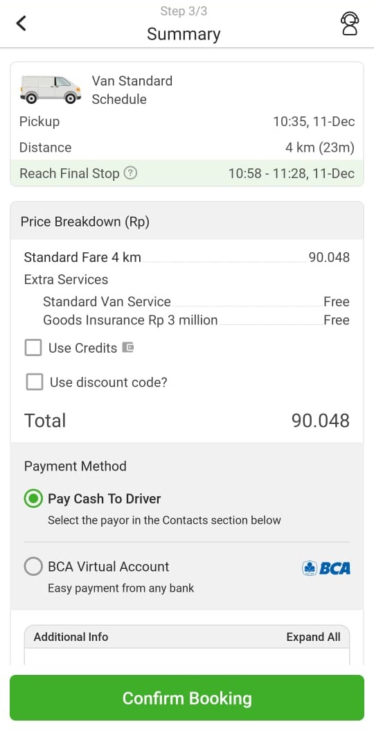 An image of the Deliveree app showing two screens at the order confirmation stage. The first screen is titled 'Summary' with details of the base rate, additional services, insurance, payment methods via cash to the driver or BCA virtual account, and the 'Confirm Order' button. The second screen displays contact information for the sender and recipient, delivery address, and options for mandatory signing.