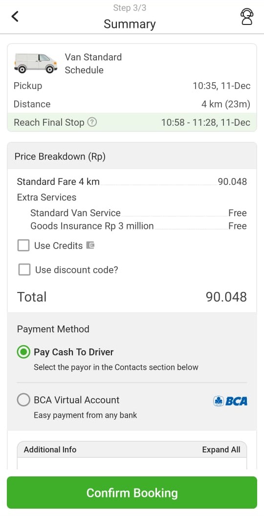 An image of the Deliveree app showing two screens at the order confirmation stage. The first screen is titled 'Summary' with details of the base rate, additional services, insurance, payment methods via cash to the driver or BCA virtual account, and the 'Confirm Order' button. The second screen displays contact information for the sender and recipient, delivery address, and options for mandatory signing.
