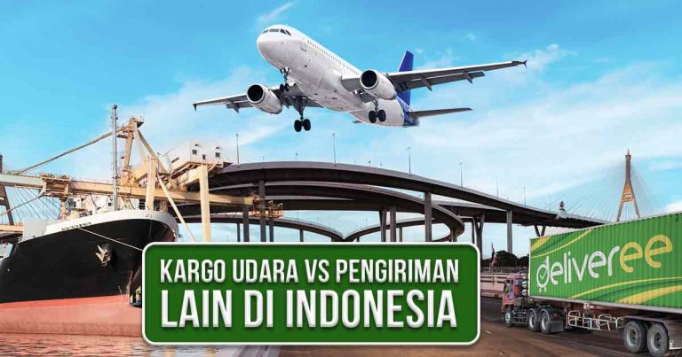 Pesawat kargo terbang rendah di atas jembatan dengan kapal dan truk kontainer di bawahnya, menggambarkan moda transportasi udara, laut, dan darat di Indonesia.