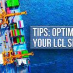 Pier with a dominant green colorful delivery container and text "Tips: Optimize Your LCL Shipping".