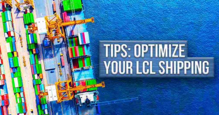 Pier with a dominant green colorful delivery container and text "Tips: Optimize Your LCL Shipping".