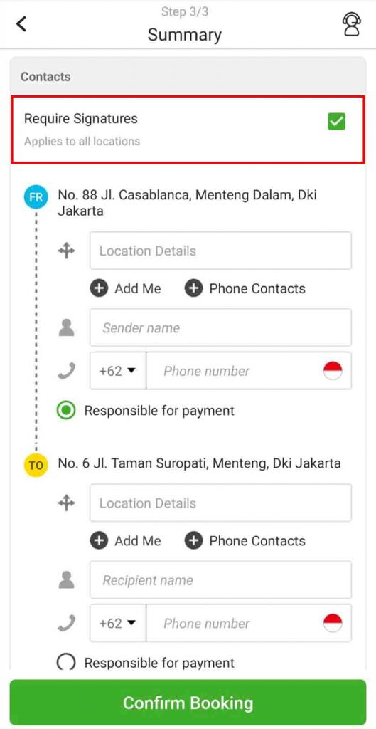 Screenshot of the order page in the Indonesian language app. This page is on the final step, 'Step 3/3 Summary.' There is a section highlighted in red with a green checkmark next to 'Wajib Tandatangan' indicating that a signature is required for all locations.