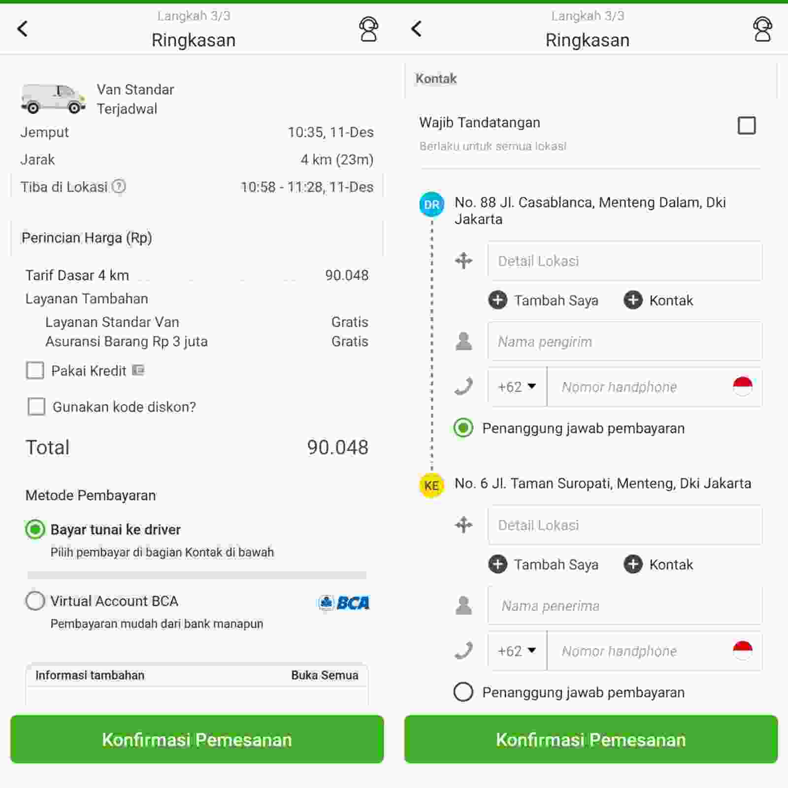  Gambar aplikasi Deliveree yang menunjukkan dua layar pada tahap konfirmasi pemesanan. Layar pertama berjudul 