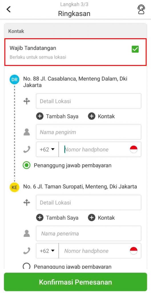 Tangkapan layar dari halaman pemesanan di aplikasi dalam Bahasa Indonesia. Halaman ini berada pada langkah akhir, "Langkah 3/3 Ringkasan". Ada bagian yang ditekankan dengan warna merah dengan tanda centang hijau di sebelah "Wajib Tandatangan" yang menandakan bahwa tandatangan diperlukan untuk semua lokasi.