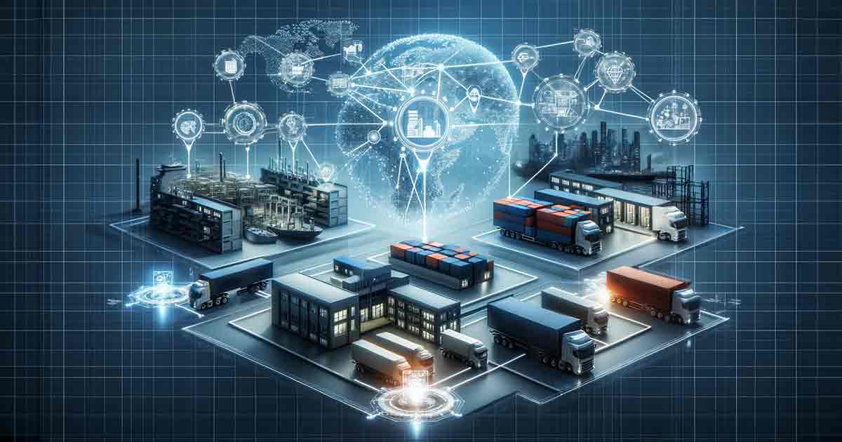 Gambaran konsep supply chain management dengan ikon digital terhubung yang menggambarkan pabrik, truk pengiriman, dan gudang, dengan latar belakang peta dunia dan berbagai elemen statistik dalam suasana biru futuristik.