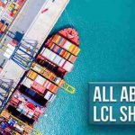 Aerial view of a cargo ship at a port, loaded with multicolored shipping containers, next to the turquoise blue sea. The text "ALL ABOUT LCL SHIPPING" is displayed in bold white letters against a light blue background.