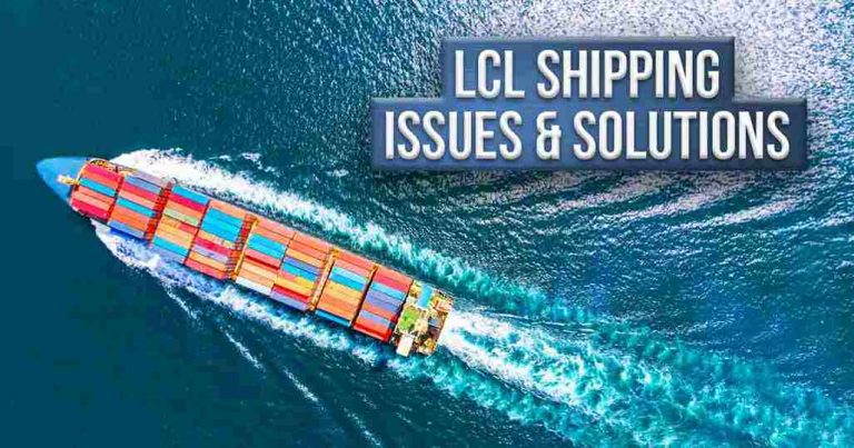 A large container ship sails on the sea with the text "LCL SHIPPING ISSUES & SOLUTIONS" floating on the water.