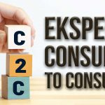 Tangan yang sedang menumpuk balok-balok kayu dengan huruf 'C', angka '2', dan huruf 'C' lagi, yang bersama-sama membentuk singkatan 'C2C', dengan teks 'EKSPEDISI CONSUMER TO CONSUMER' di latar belakang.