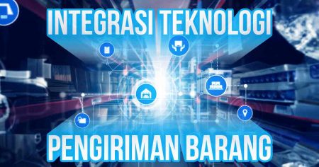 Visualisasi data dan jaringan konektivitas yang menggambarkan integrasi teknologi dalam pengiriman barang, dengan ikon-ikon logistik dan teks "INTEGRASI TEKNOLOGI PENGIRIMAN BARANG" pada latar belakang abstrak berwarna biru dan merah.