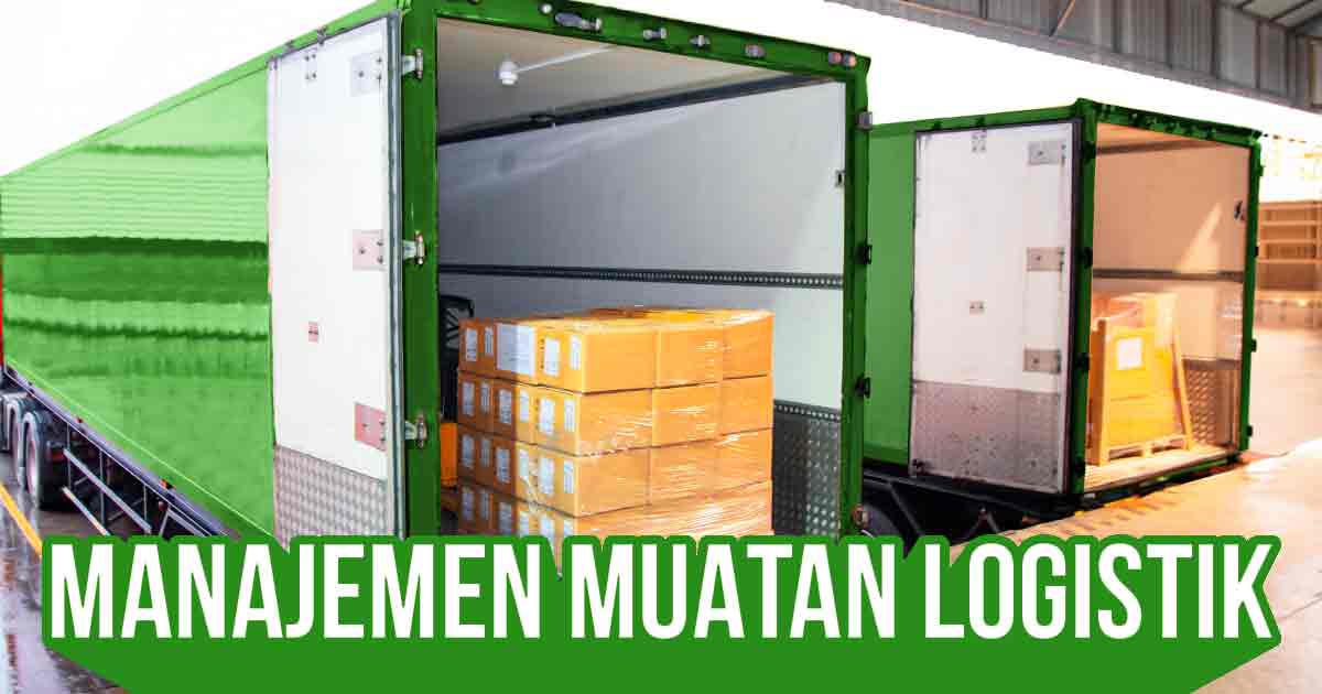 Truk pengiriman dengan pintu terbuka menunjukkan kotak-kotak paket yang teratur di dalam, dengan teks 