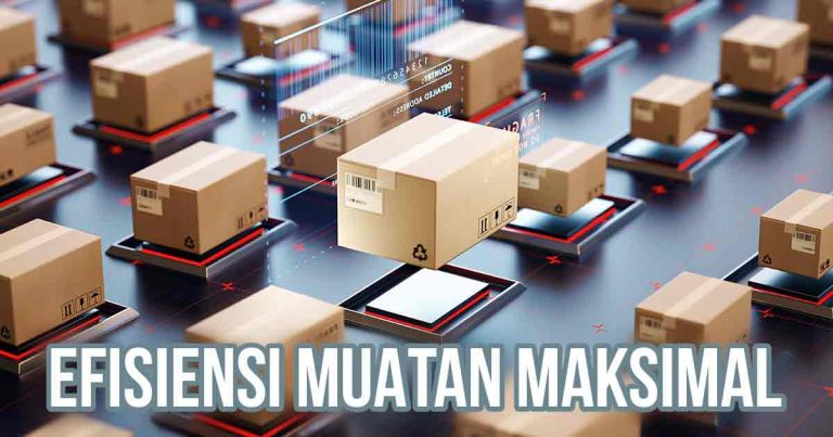 Kotak-kotak pengiriman coklat yang terorganisir pada platform digital dengan indikator holografik, menunjukkan konsep efisiensi muatan maksimal, dengan teks "EFISIENSI MUATAN MAKSIMAL" di bagian bawah gambar.