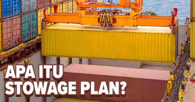 Kapal kargo sedang mengangkut kontainer kuning dengan teks 'APA ITU STOWAGE PLAN?' di atasnya.