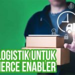 Ilustrasi solusi logistik dengan pria menunjuk ikon pengiriman barang.