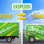 Potongan mobil truk dan van berstiker Deliveree dengan tulisan “Ekspedisi Balikpapan Samarinda” di atasnya.