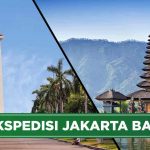 Gambar Monumen Nasional (Monas) di Jakarta dan Pura Ulun Danu di Bali dengan teks "Ekspedisi Jakarta Bali"
