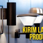 Lampu dinding dan produk LED modern terpasang di tembok dengan tulisan "KIRIM LAMPU & PRODUK LED".