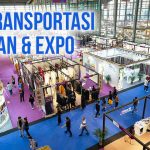 Ilustrasi pameran dan expo dengan berbagai stan dan pengunjung, menunjukkan aktivitas di ruang pameran.