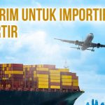 Ilustrasi pengiriman barang untuk eksportir dan importir, dengan gambar kapal dan pesawat terbang.