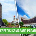Gambar Tugu Muda Semarang dan Masjid Raya Syekh Ahmad Khatib Al-Minangkabawi di Padang sebagai konteks untuk “Ekspedisi Semarang Padang”.