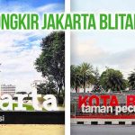 Landmark ikonik Jakarta Kota Kolaborasi di kiri dan Taman Pecut Blitar di kanan, dengan teks 'Ongkir Jakarta Blitar' untuk mewakili rute pengiriman antara kedua kota.