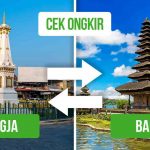 Gambar Tugu Yogyakarta di kiri dan Pura Ulun Danu Beratan di kanan dengan teks “Ongkir Jogja Bali dan Sebaliknya.”