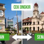 Tugu Harian Sinar Indonesia Baru di Medan dan Gedung Lawang Sewu di Semarang untuk konteks “ongkir Medan ke Semarang” dan “ongkir Semarang ke Medan.”