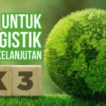 Gambar menunjukkan bola rumput yang menyerupai Bumi dengan blok kayu bertuliskan "K3" di latar depan, dengan teks "K3 untuk Logistik Berkelanjutan."