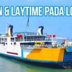 Kapal feri dengan tulisan "Laycan & Laytime pada Logistik," yang menggambarkan konsep waktu yang relevan dalam pengiriman barang menggunakan transportasi laut.