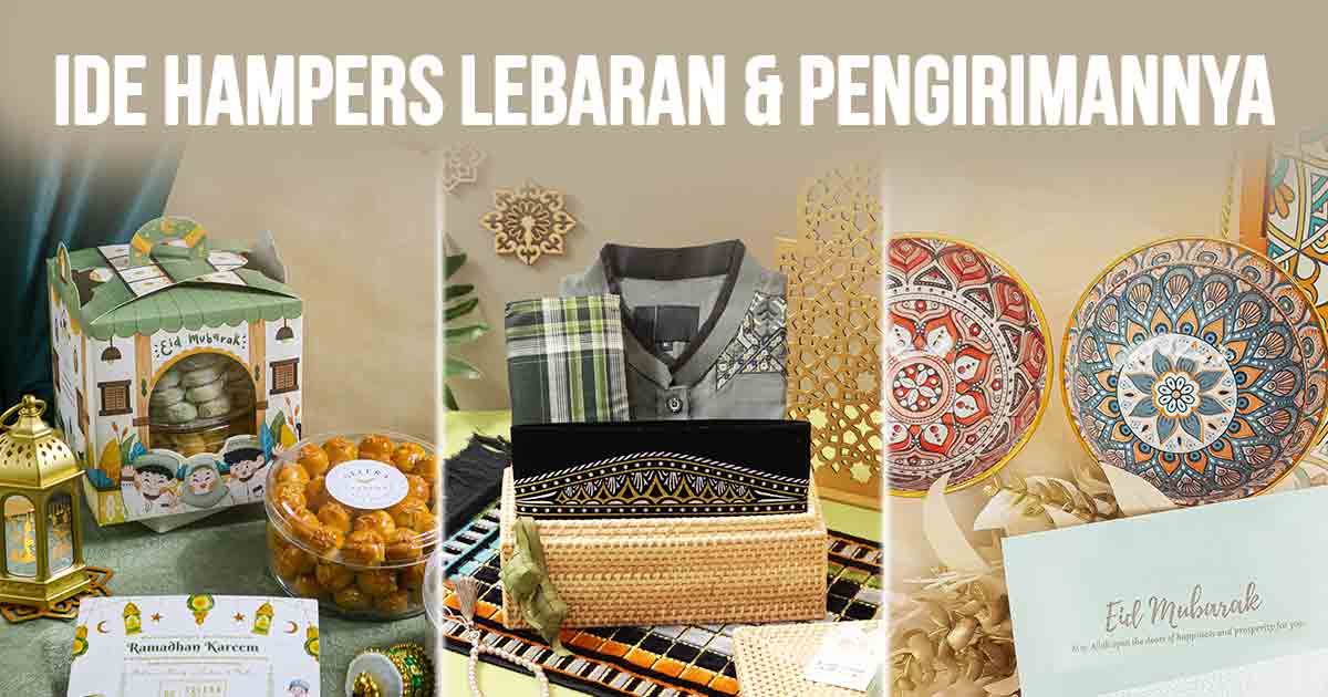 Beragam hampers Lebaran, termasuk kue kering, kain sarung, baju koko, dan peralatan makan dengan desain khas Ramadan.
