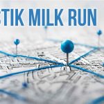 Peta dengan pin biru yang menghubungkan titik-titik, menggambarkan konsep logistik milk run.
