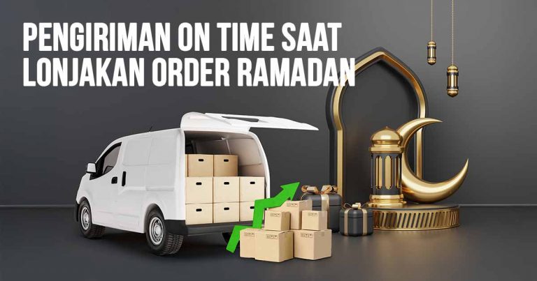 Ilustrasi mobil van putih penuh dengan kotak paket, menyoroti pentingnya pengiriman tepat waktu selama lonjakan pesanan Ramadan.