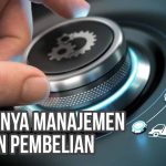 Ilustrasi manajemen pesanan pembelian dengan tangan memutar tombol kontrol digital, menampilkan ikon dokumen, kotak, dan truk pengiriman.