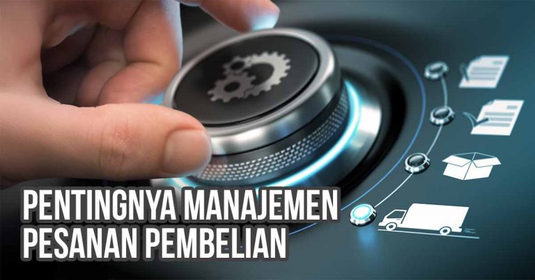 Ilustrasi manajemen pesanan pembelian dengan tangan memutar tombol kontrol digital, menampilkan ikon dokumen, kotak, dan truk pengiriman.