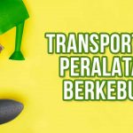 Peralatan berkebun seperti sekop, gunting tanaman, penyiram air, dan bibit tanaman di atas latar kuning. Teks: "Transportasi Peralatan Berkebun".