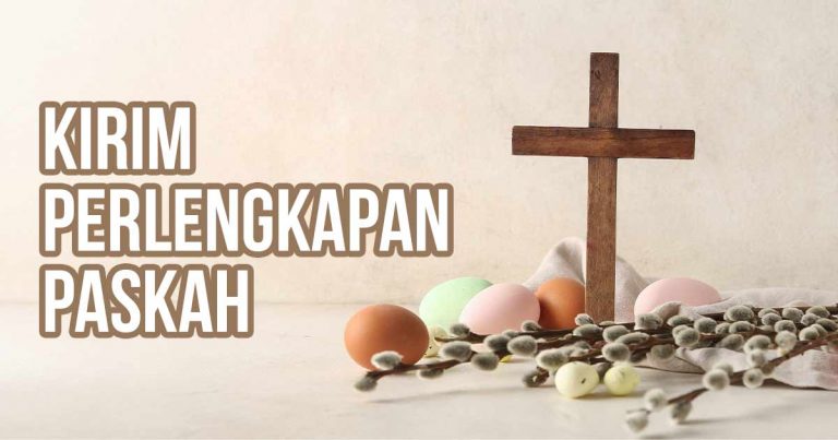 Lambang salib dengan telur berwarna sebagai ilustrasi Paskah dengan judul gambar “Kirim Perlengkapan Paskah.”