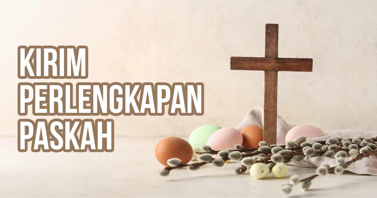 Lambang salib dengan telur berwarna sebagai ilustrasi Paskah dengan judul gambar “Kirim Perlengkapan Paskah.”
