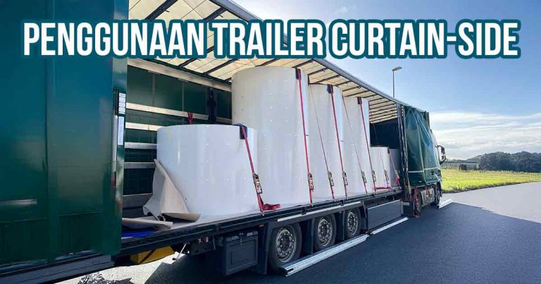 Trailer curtain-side terbuka menampilkan muatan gulungan besar berwarna putih yang diamankan dengan tali, dengan teks "Penggunaan Trailer Curtain-Side".