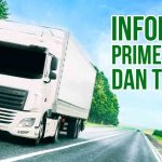 Truk trailer putih melaju di jalan raya dengan latar belakang pepohonan hijau dan langit biru, disertai tulisan "Informasi Prime Mover dan Trailer".