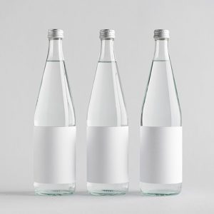 Tiga botol kaca bening dengan label putih polos dan tutup logam.