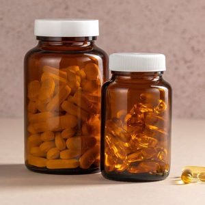 Dua toples kaca amber berisi kapsul dan tablet berwarna kuning.