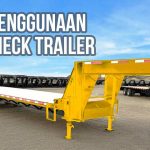 Gooseneck trailer warna kuning diparkir di area terbuka dengan latar belakang deretan trailer lainnya dan langit biru cerah, disertai teks "Cara Penggunaan Gooseneck Trailer".