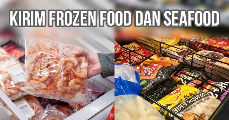 Orang memegang udang beku dan rak berisi aneka frozen food sebagai ilustrasi “Kirim Frozen Food dan Seafood”.