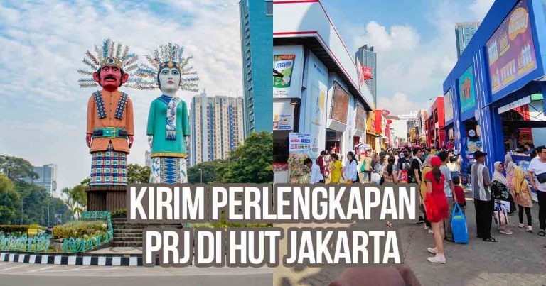 Patung ondel-ondel dan suasana Pekan Raya Jakarta (PRJ) sebagai ilustrasi “Tips Kirim Perlengkapan Tenant PRJ di HUT Jakarta”