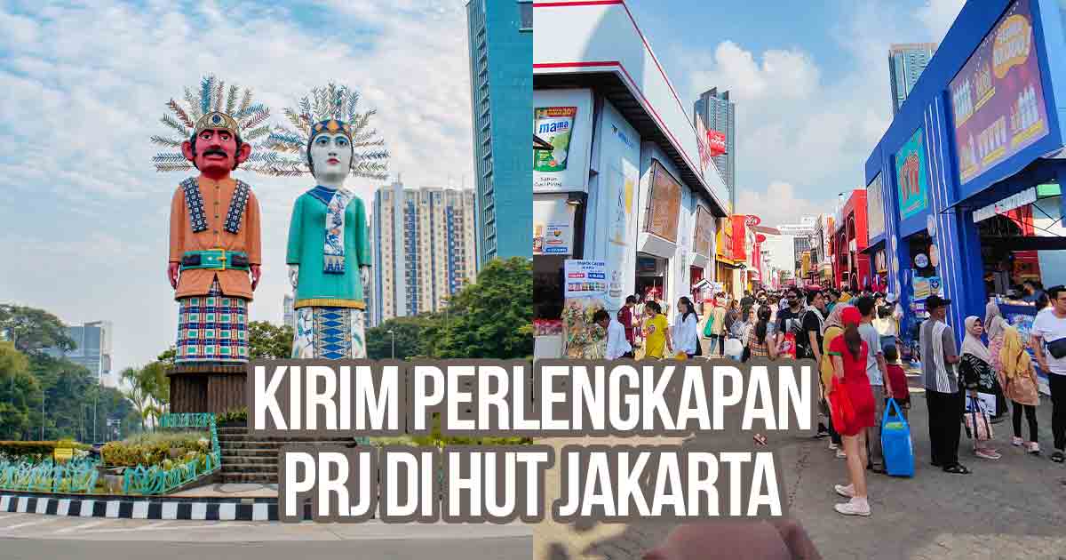 Patung ondel-ondel dan suasana Pekan Raya Jakarta (PRJ) sebagai ilustrasi “Tips Kirim Perlengkapan Tenant PRJ di HUT Jakarta”