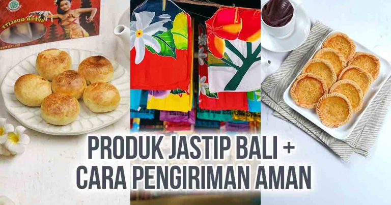 Kolase gambar yang menampilkan tiga jenis barang: kue pia khas Bali, kain pantai berwarna cerah, dan pia legong sebagai ilustrasi “10 Produk Jastip Bali + Cara Pengiriman Aman”